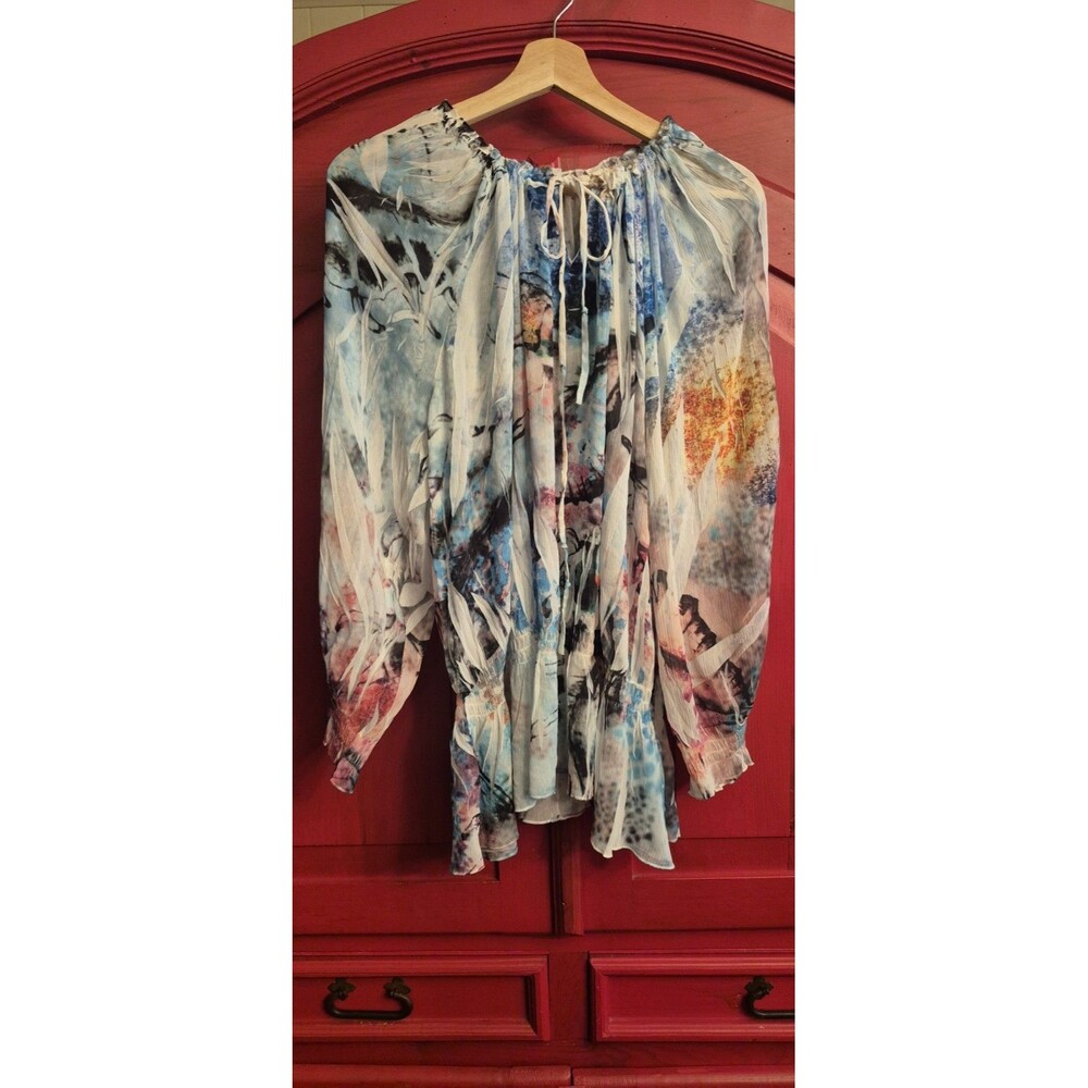 Mushka By Sienna 1X Top Gorgeous Multi Color Sheer Cool Peplum Shirt Blues EUC
